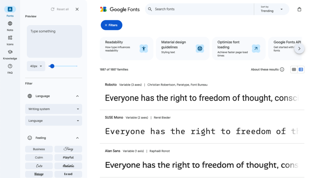 Google Fontのスクリーンショット画像